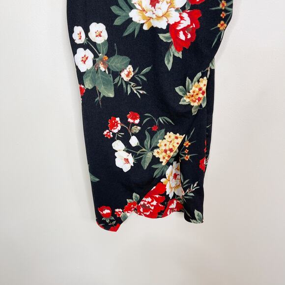 New Free Press Floral Printed V Neck Mini Dress Black Red Wrap Front Bottom M - Picture 4 of 11